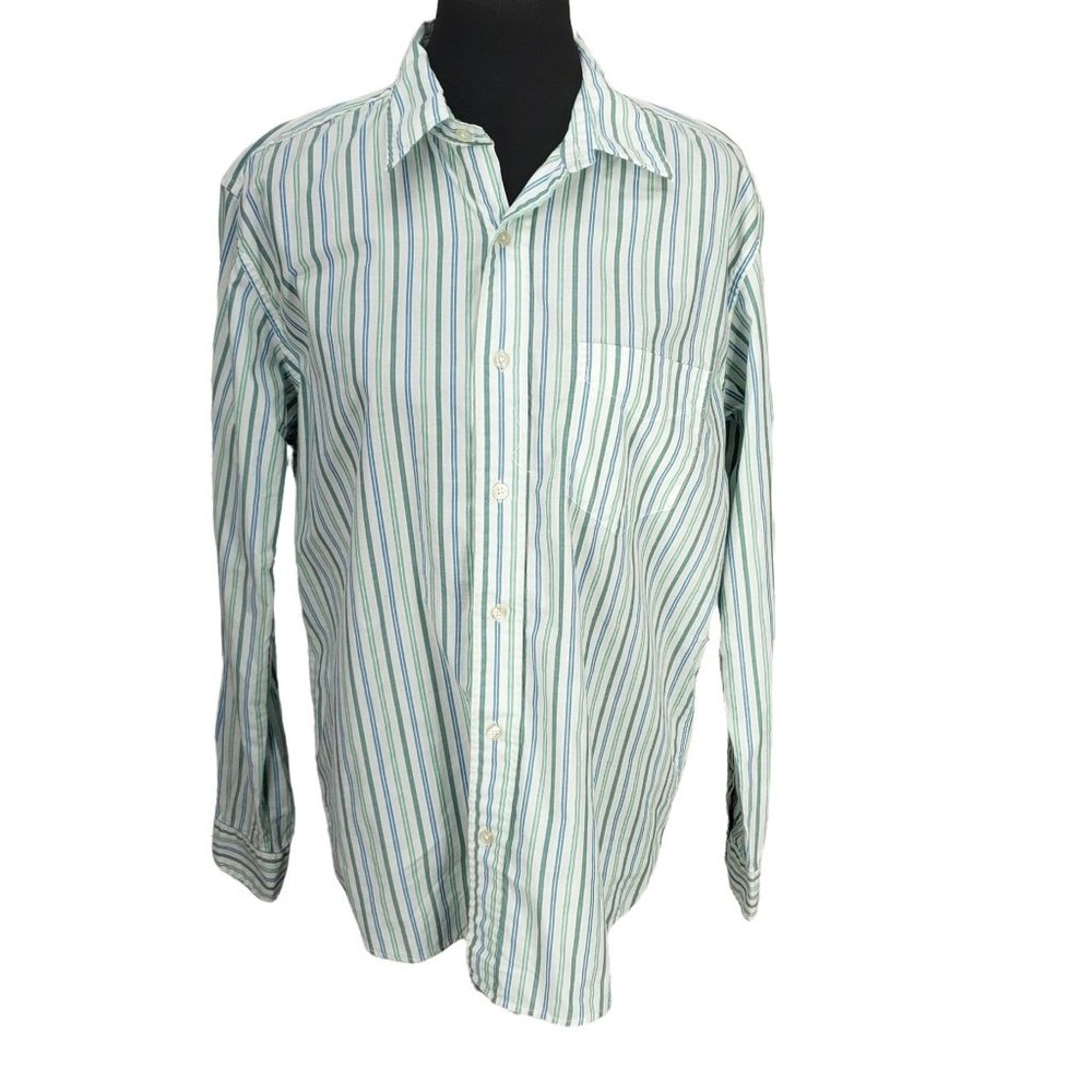 American Eagle Shirt Mens‎ Medium Long Sleeve Button Up Green White Striped